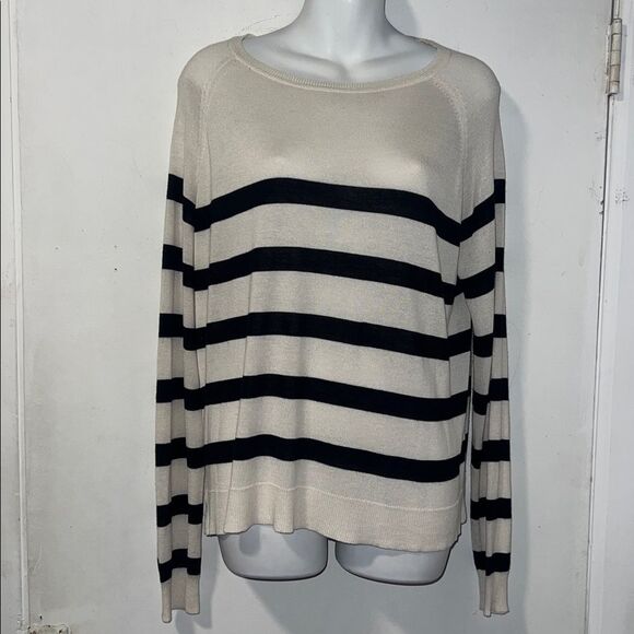 ZARA Ivory Black Striped Lightweight Pullover Sweater-M - Picture 2 of 10